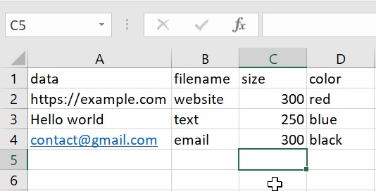 Excel and CSV template format for QR code generation — showing data, filename, color and size columns
