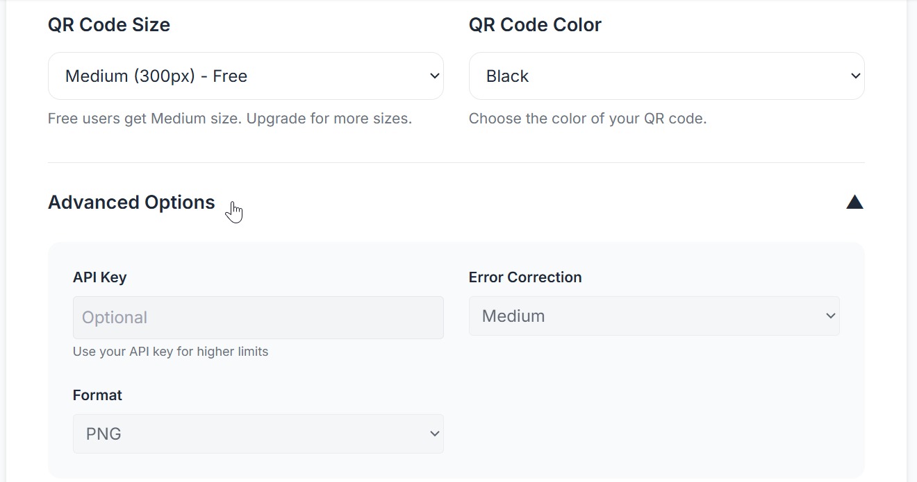 QR code customization panel — color picker, size selector and error correction level settings screenshot